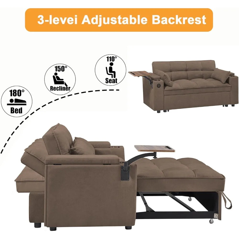 65 Inch Convertible Sleeper Sofa Bed with Chaise and USB Ports