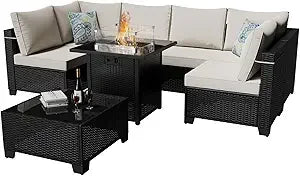 8 Piece Outdoor Sectional Rattan Sofa Set With Gas Fire Pit