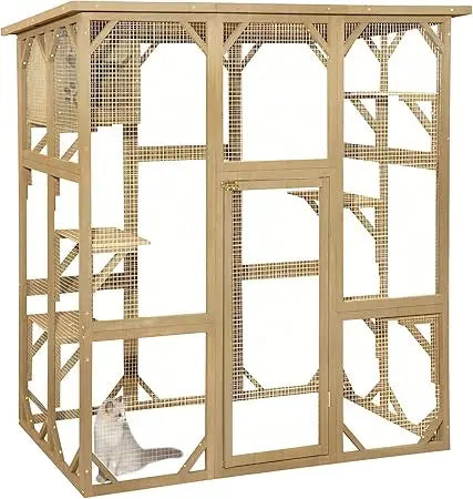 Large Wooden Catio Outdoor Cat Enclosure with 6 Platforms