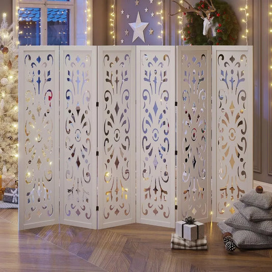 White Carved Wood Room Divider Folding Screen Six Panels