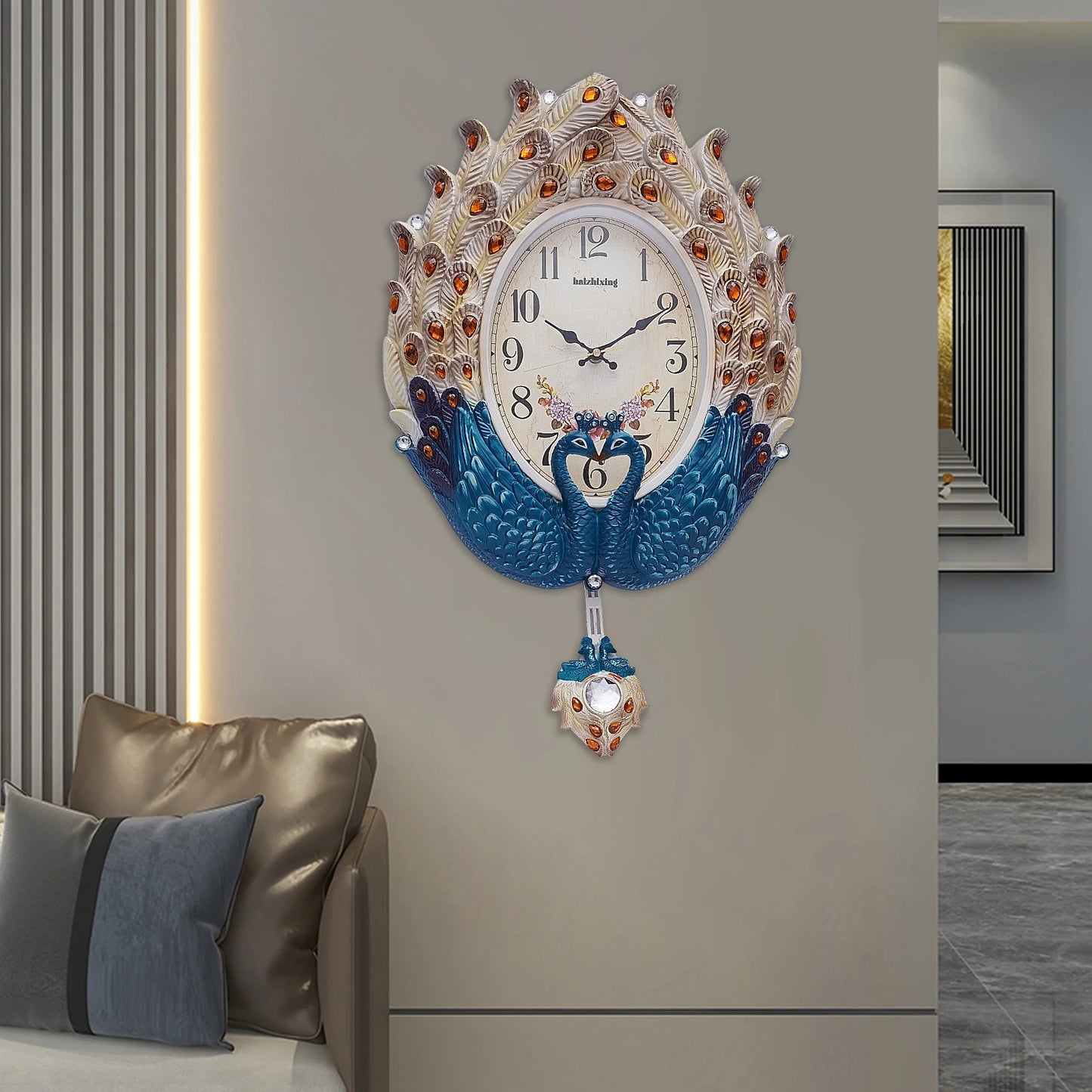 Elegant Wall Clock With Pendulum And Feathers Quartz Gift