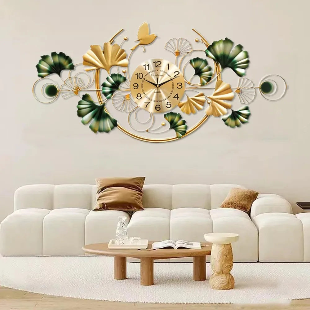 Large Wall Clock for Living Room, 3D 47 Inch Metal Ginkgo Leaf Wall Decor, Boho Silent Non-Ticking Hanging Wall Clocks, Decorati