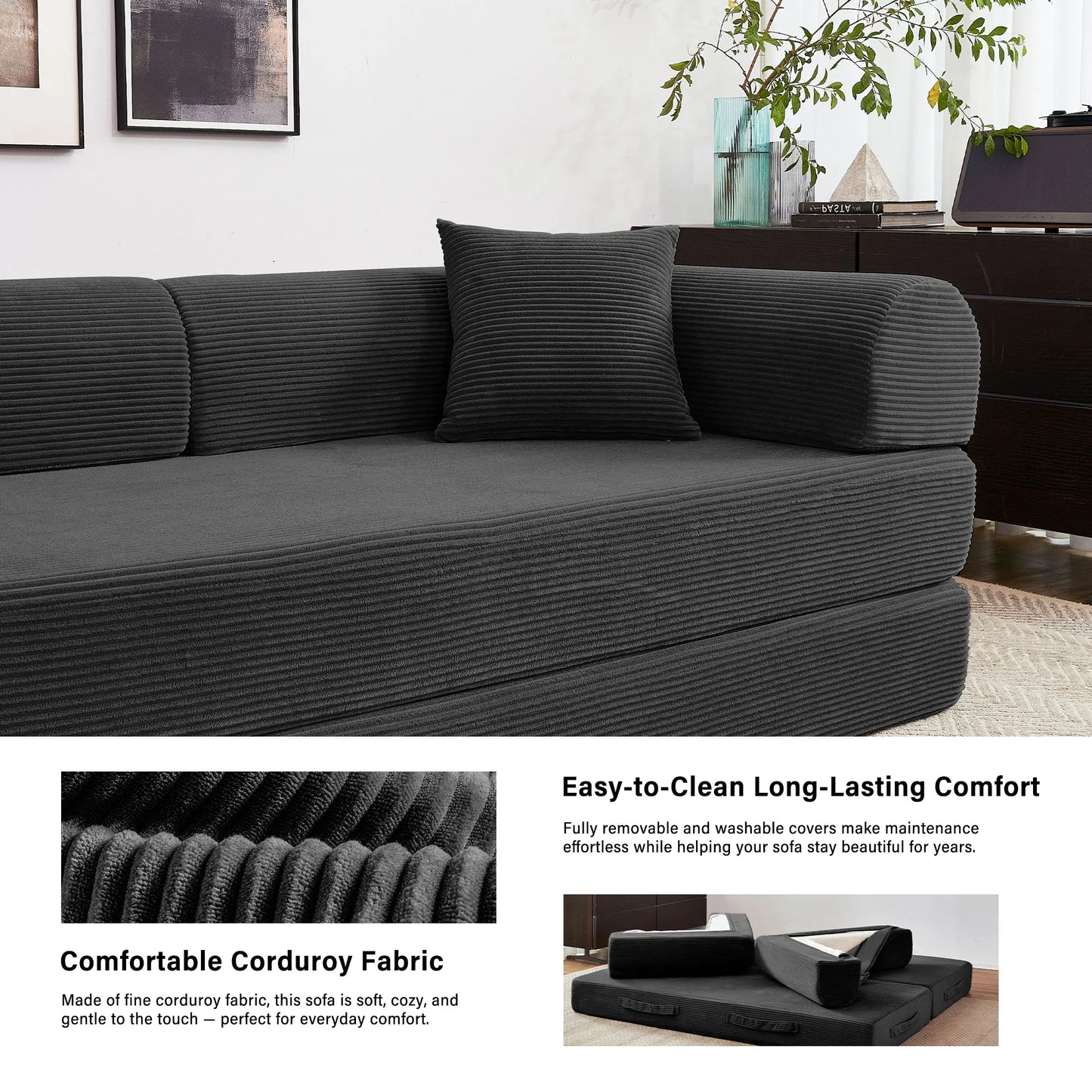 Foldable Convertible Futon Sofa Bed With L Shape Armrests