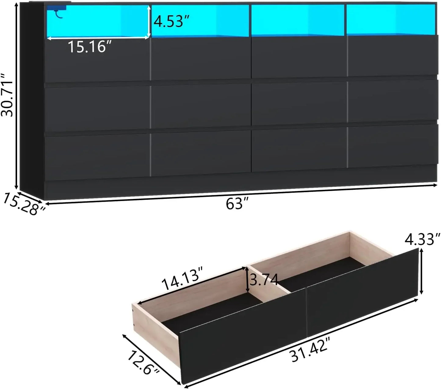 12 Drawer Black Dresser With Charging Station And TV Stand