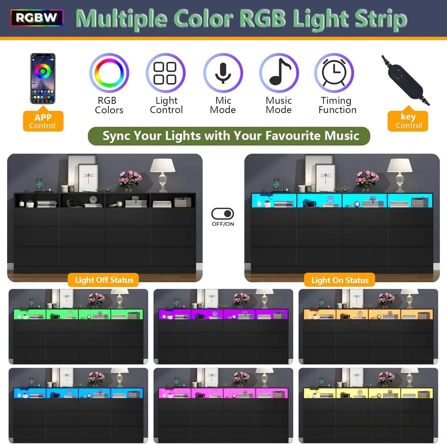 12 Drawer Black Dresser With Charging Station And TV Stand