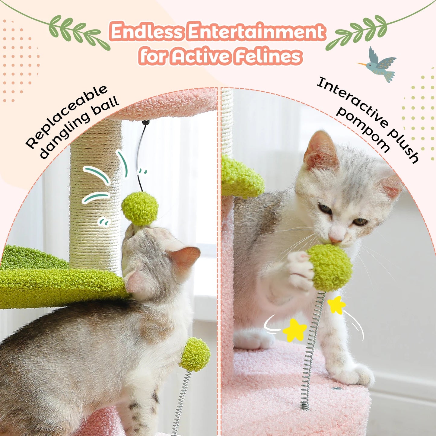 Cozy Cactus Cat Tree with Curved Perch and Scratching Post