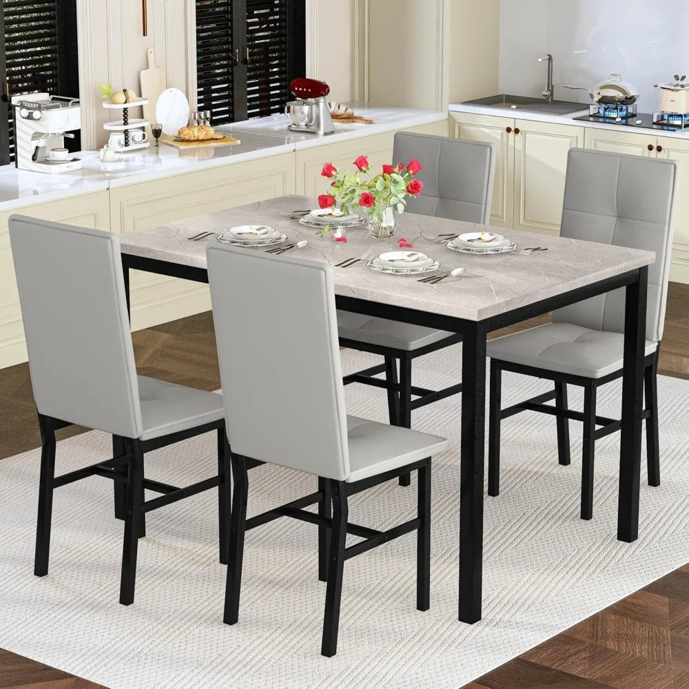 Modern Artificial Marble Dining Table With PU Leather Chairs Set