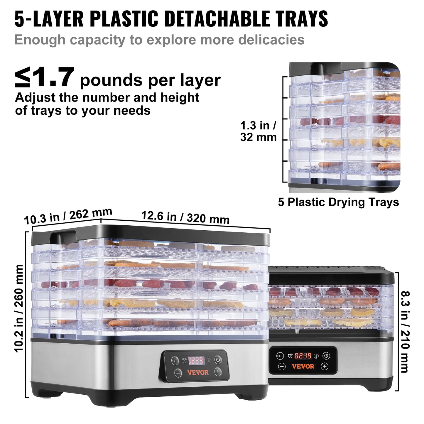5 Tray Food Dehydrator Stainless Steel 300W Digital Timer