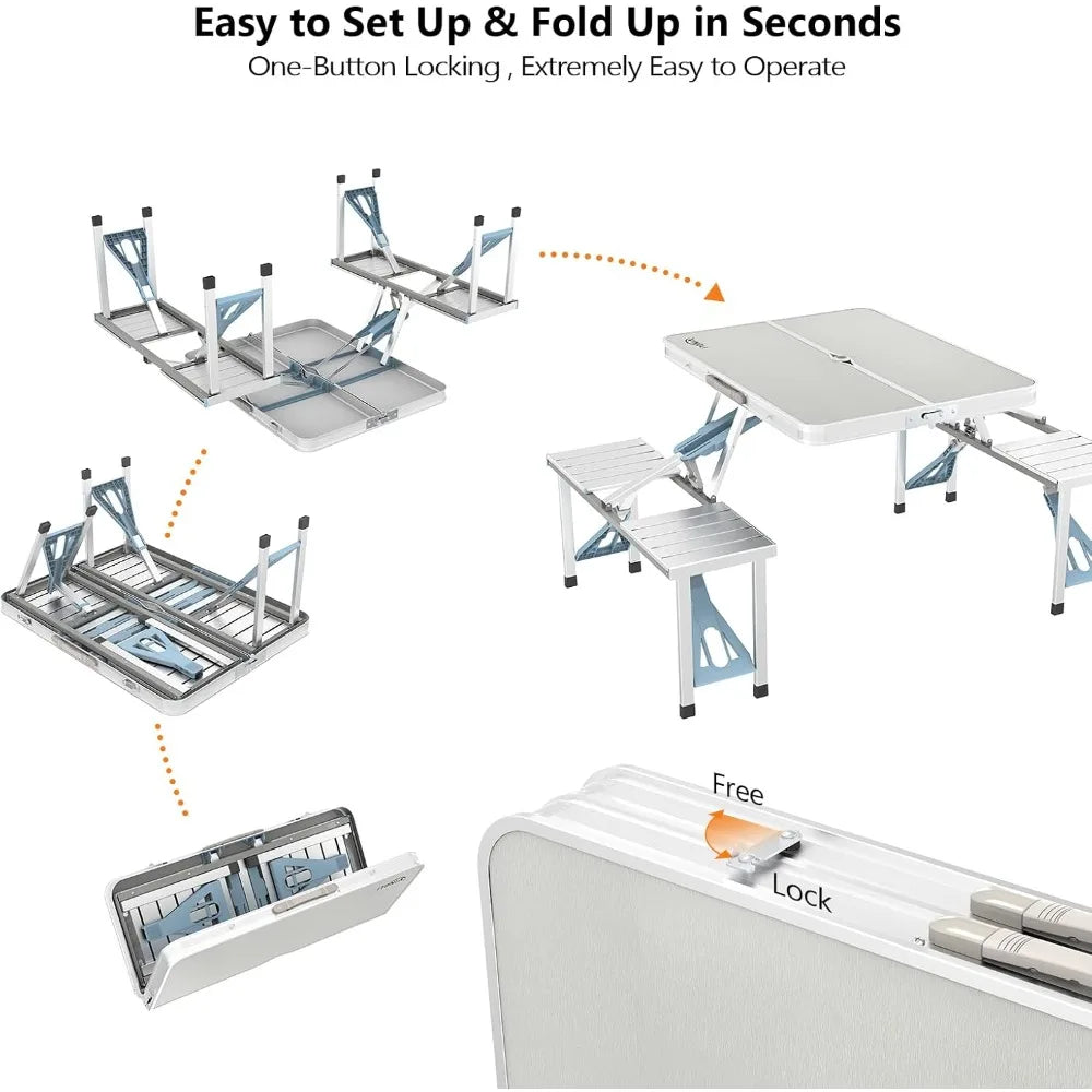 Foldable Aluminum Camping Picnic Table With Seats And Umbrella Hole