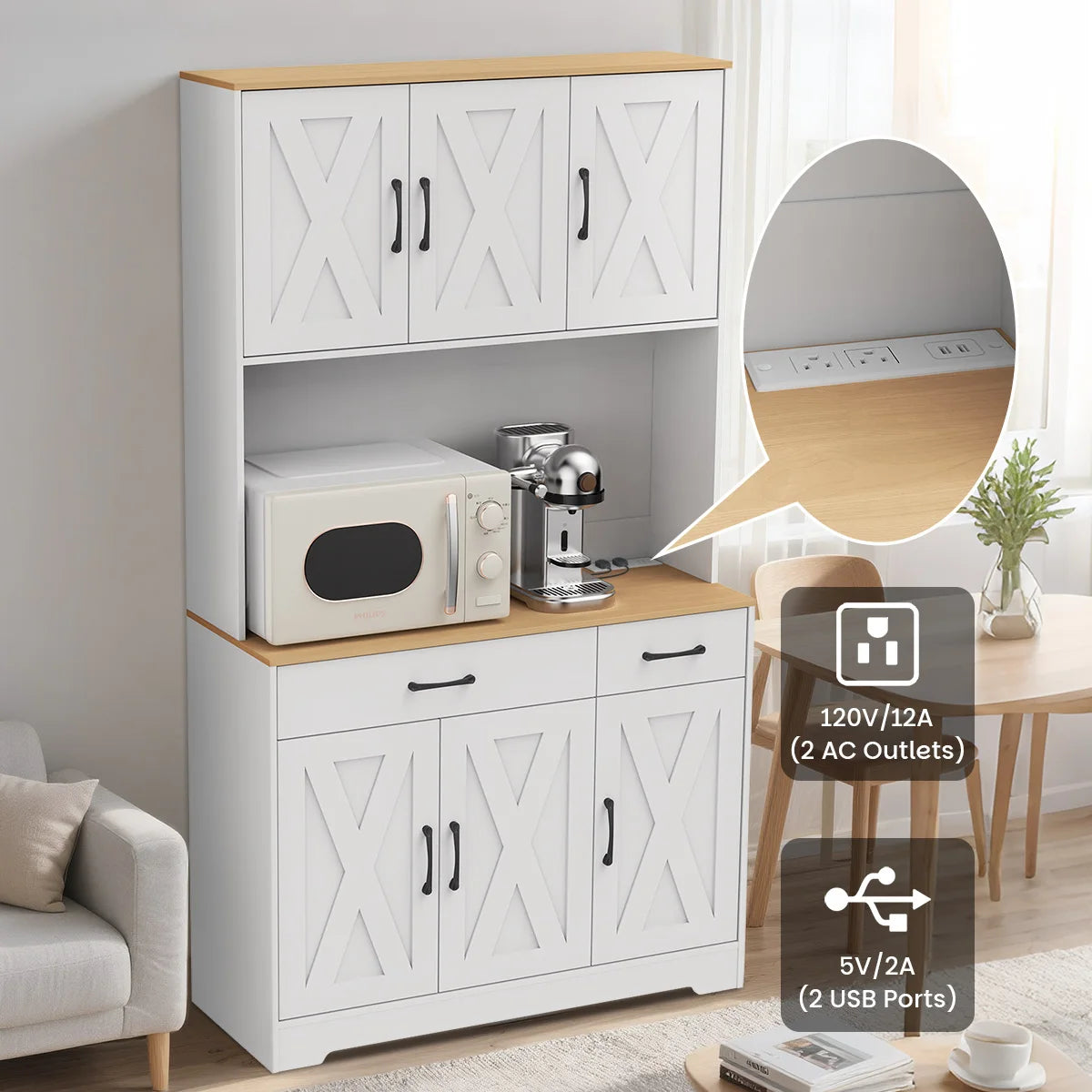 Huisenitre Freestanding Pantry Cabinet With Charging Station Adjustable Shelves