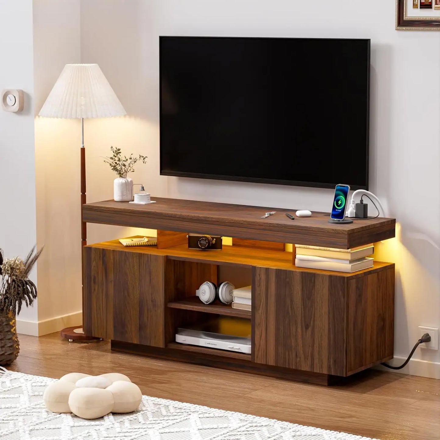 75 Inch LED TV Stand Modern Tall Entertainment Walnut