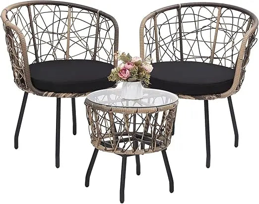 Boho 3 Piece Wicker Bistro Set with Washable Cushions
