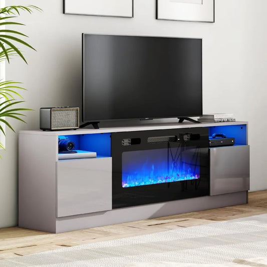 TV Stand With Fireplace LED Entertainment Center Modern Wood