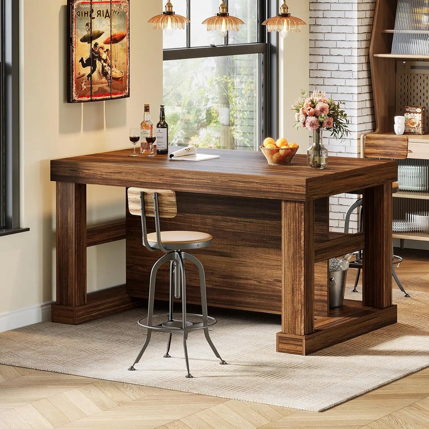 55 Inch Farmhouse Kitchen Island With Storage And Seating