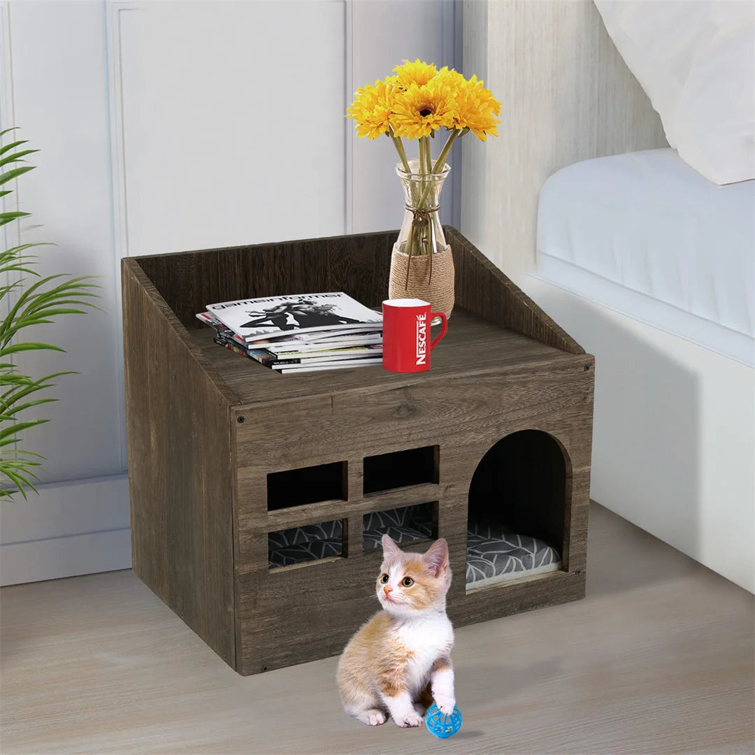 Wooden Cat Cave Bed with Cushion for Indoor Cats