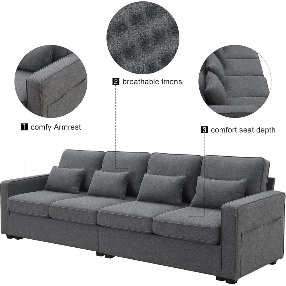 104 Inch Modern 4-Seater Linen Sofa with Pillows and Pockets