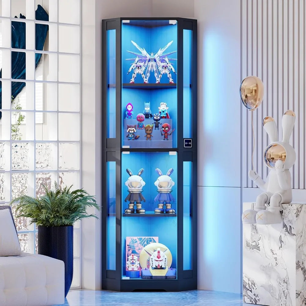 65 Inch Corner Glass Display Cabinet With LED Lights 4 Tier