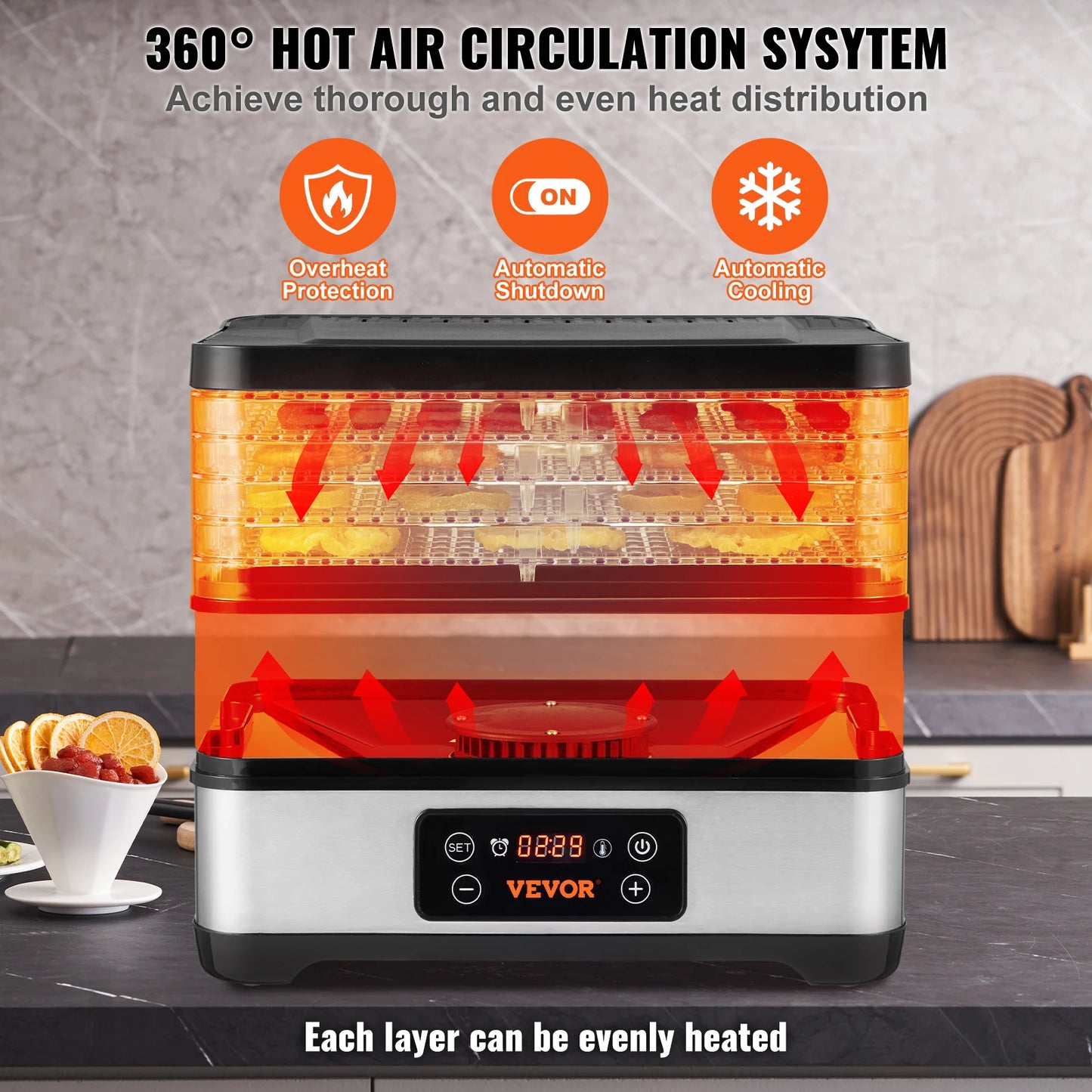 5 Tray Food Dehydrator Stainless Steel 300W Digital Timer