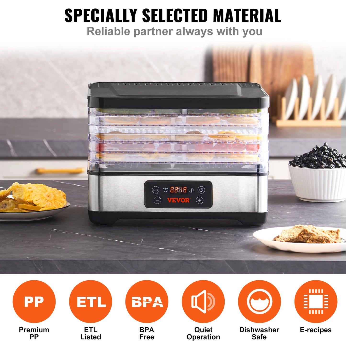 5 Tray Food Dehydrator Stainless Steel 300W Digital Timer