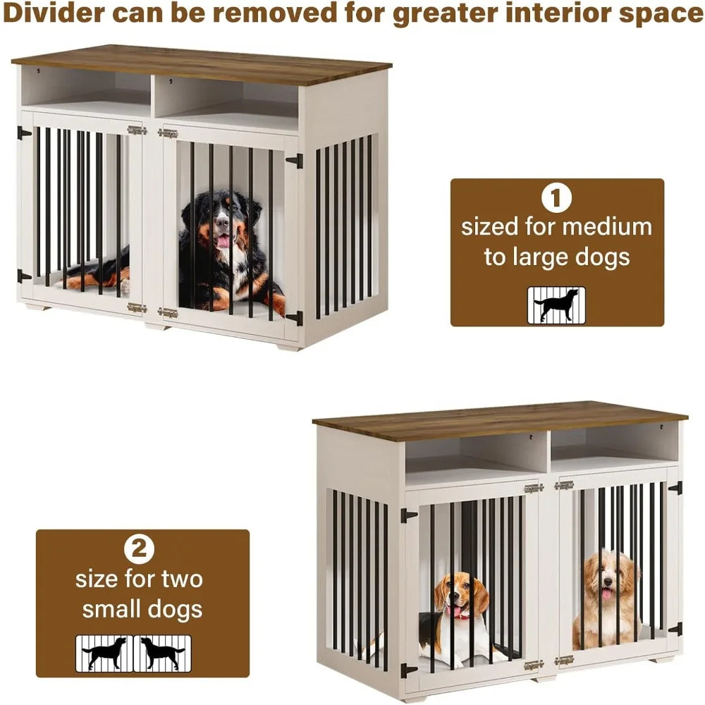Double Dog Wooden Crate With Removable Partition And Shelf