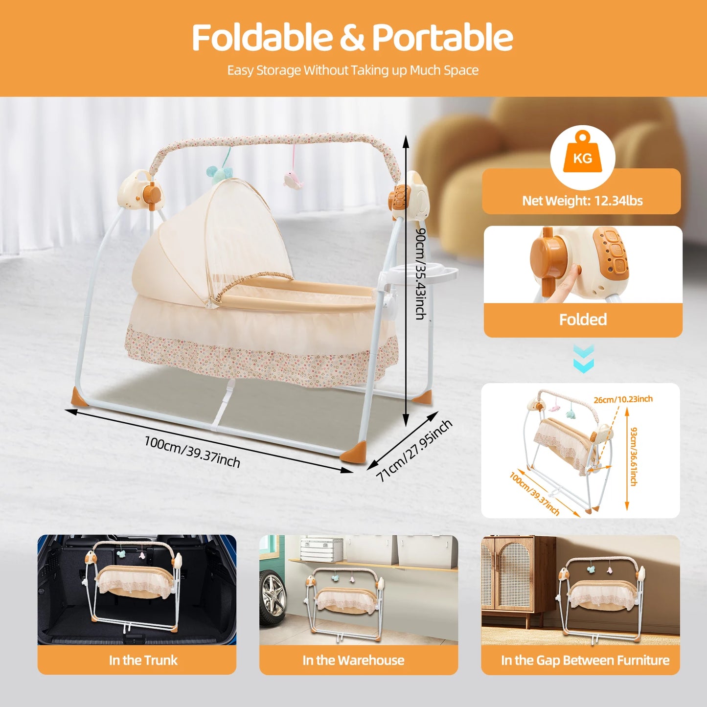 Electric Baby Crib Cradle with Remote Control and Music