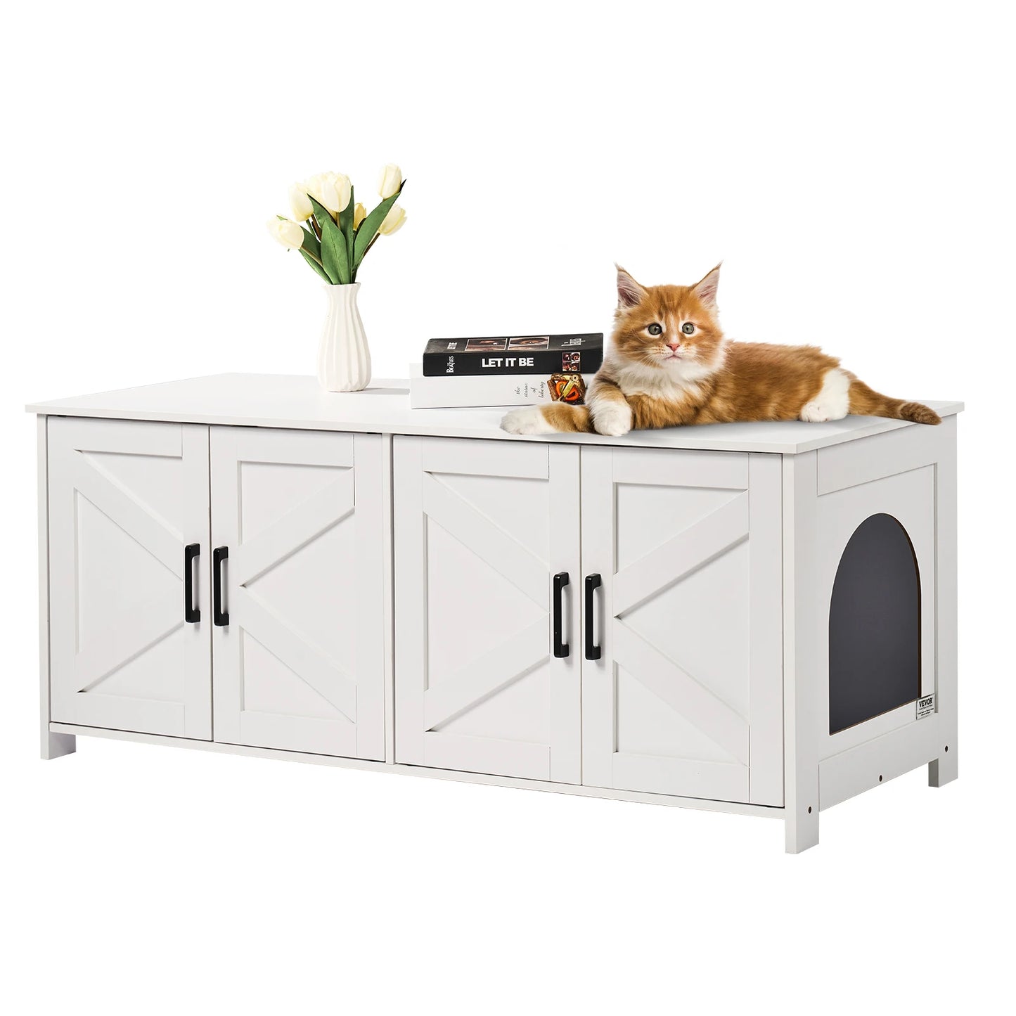 SucceBuy White Cat Litter Box Enclosure for Two Cats