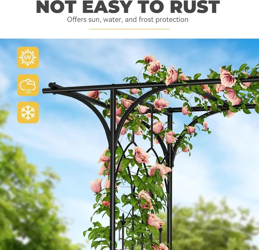 81" H Garden Arch and Arbor with Gate, Black Arch with Planter Boxes for Climbing Plants Outdoor, Wedding Ceremony Archway