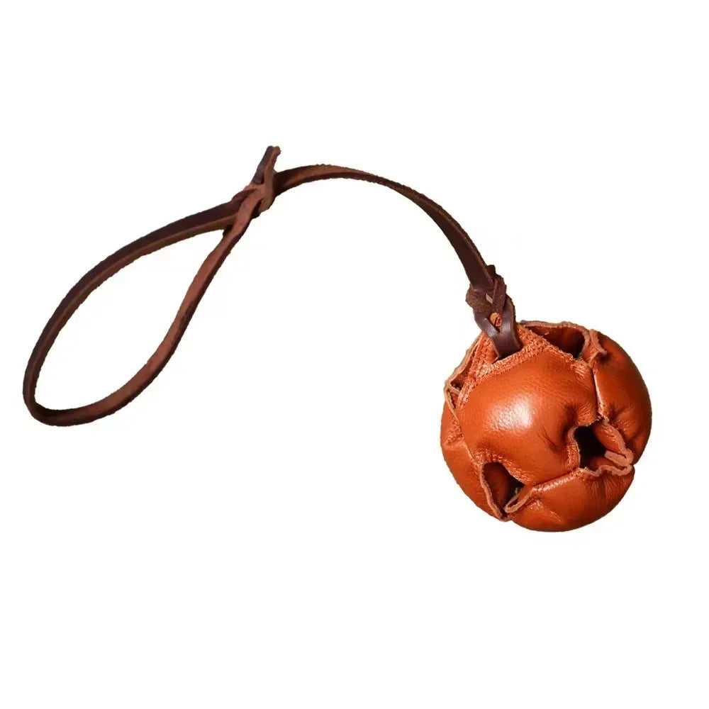 Leather Dog Training Ball Toy With Handle Tug Bite Fetch