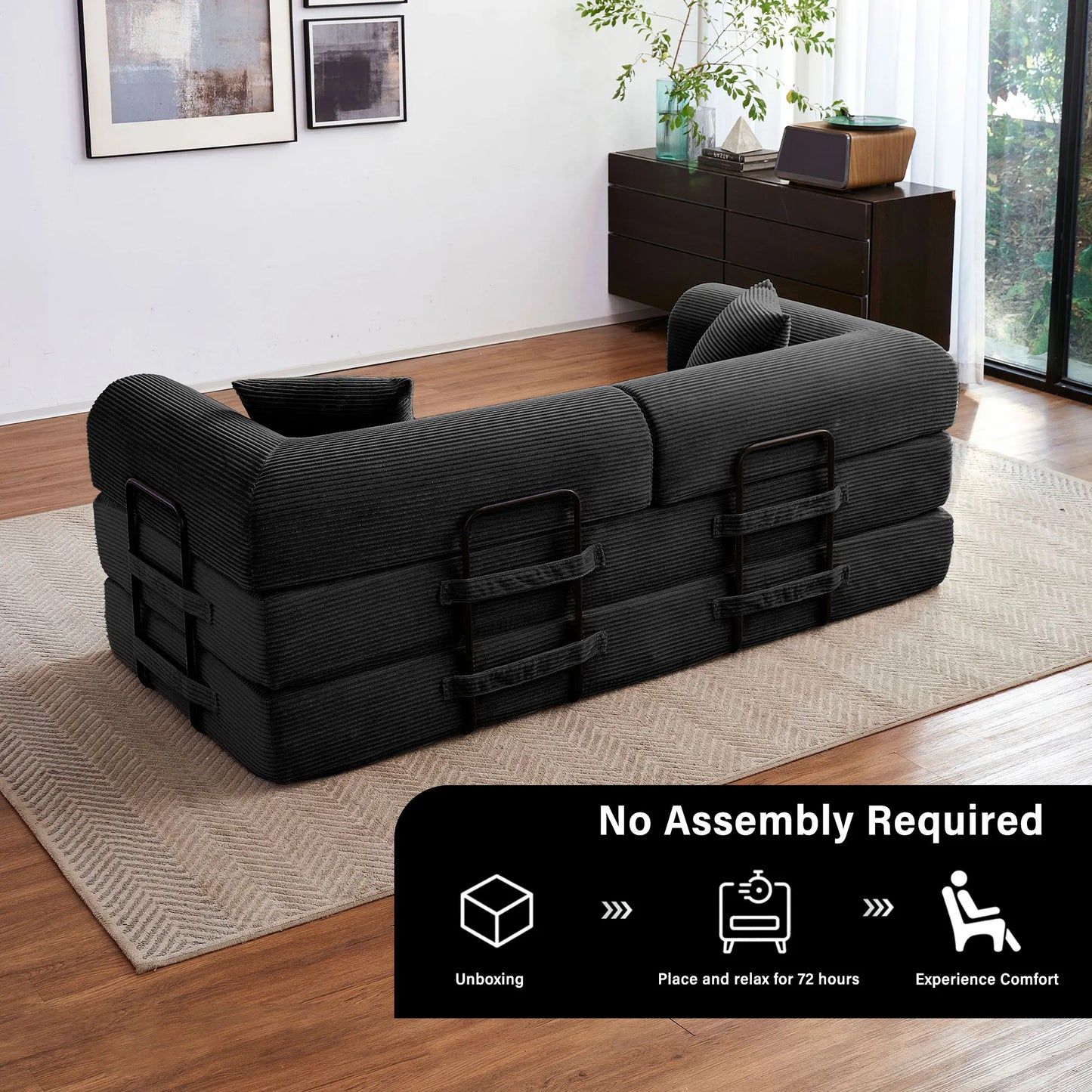 Foldable Convertible Futon Sofa Bed With L Shape Armrests