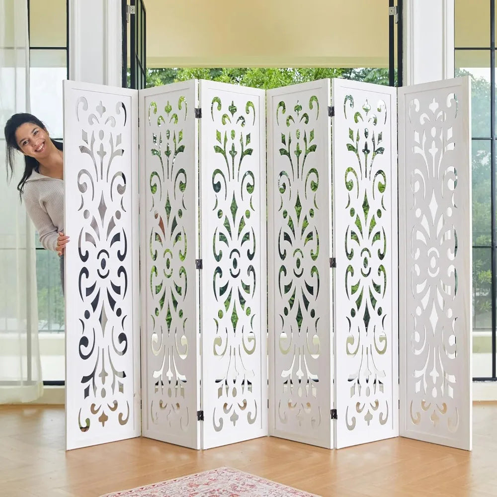 White Carved Wood Room Divider Folding Screen Six Panels