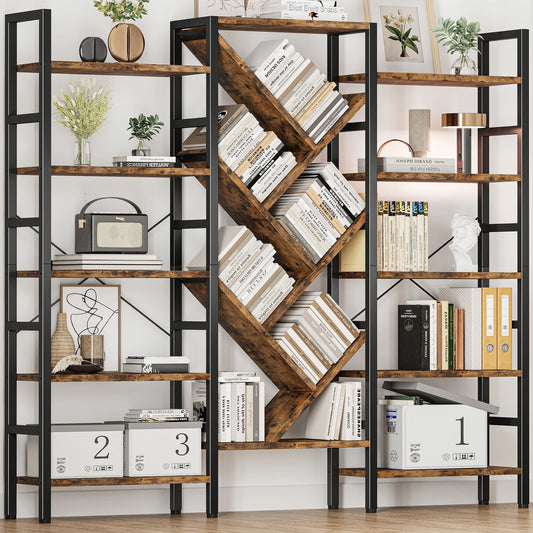 Triple Tier Bookshelf Modern Wooden Bookcase With Metal Frame