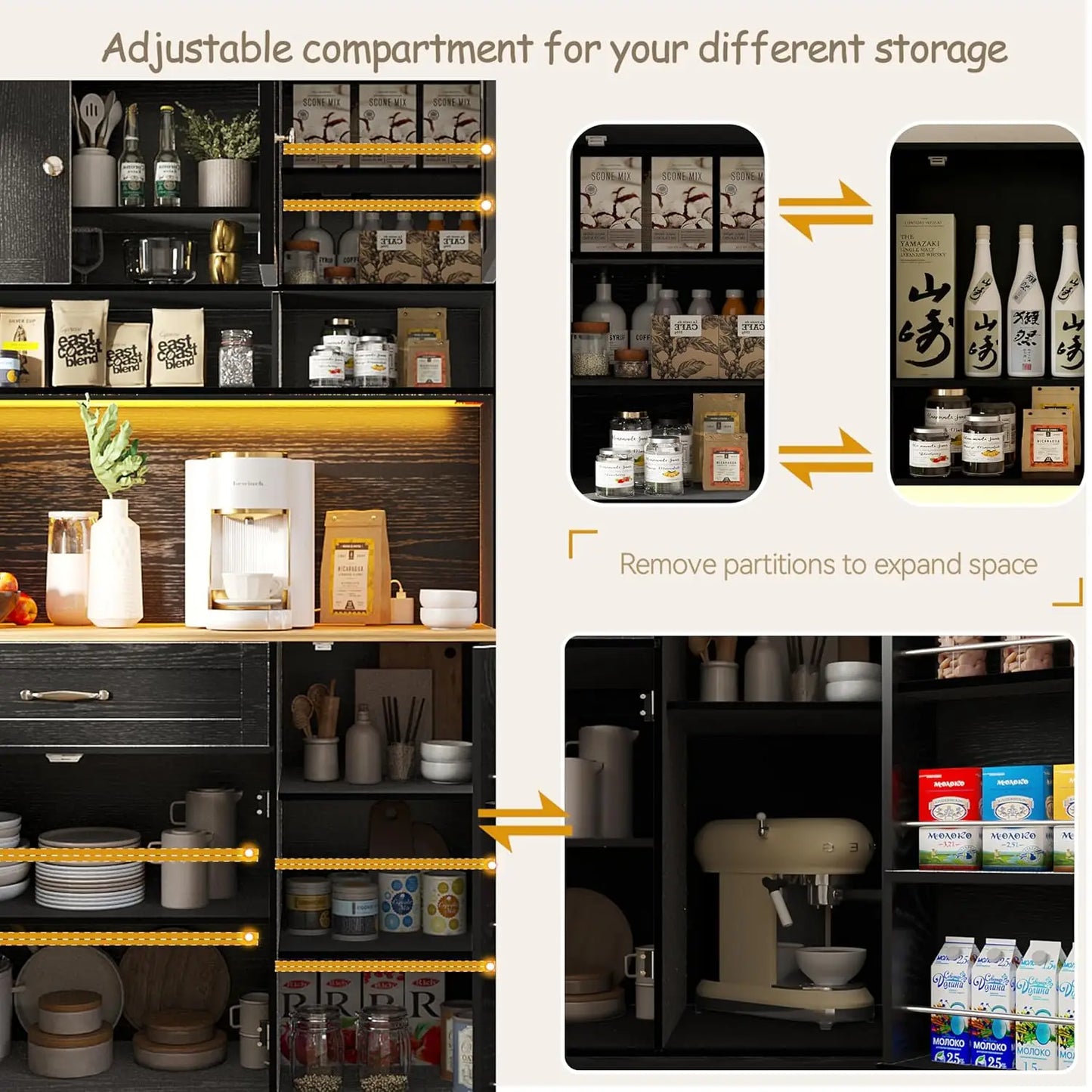 GUANGBAI Kitchen Pantry Cabinet With LED Lighting And Charging
