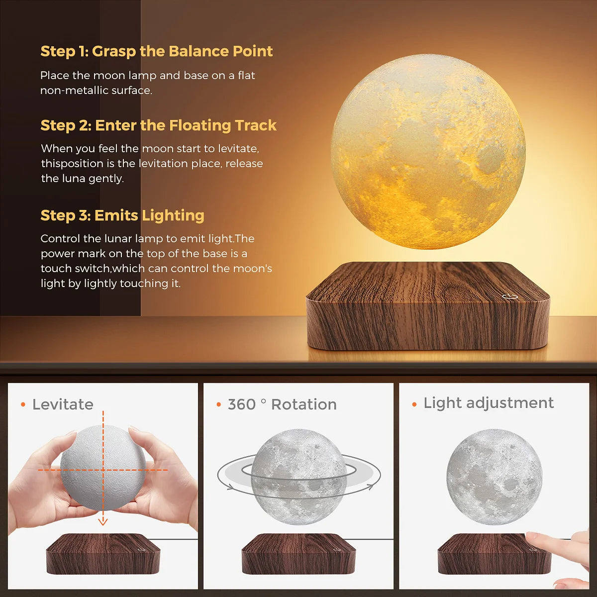 Mexllex Magnetic Floating Moon Lamp With Wooden Base Led Nightlight