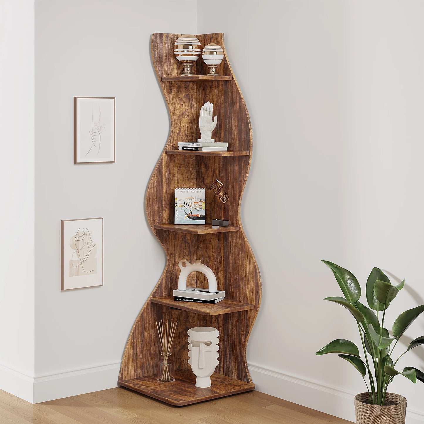 Tribesigns Rustic 5-Tier Corner Shelf Wall Bookcase Plant Stand
