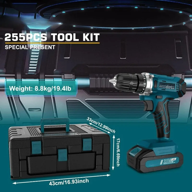 21V Cordless Drill Tool Kit 255 Pieces Home Repair Set