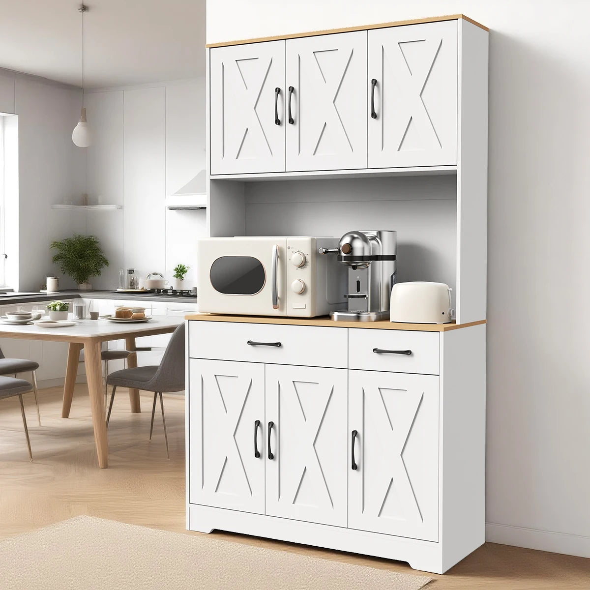 Huisenitre Freestanding Pantry Cabinet With Charging Station Adjustable Shelves