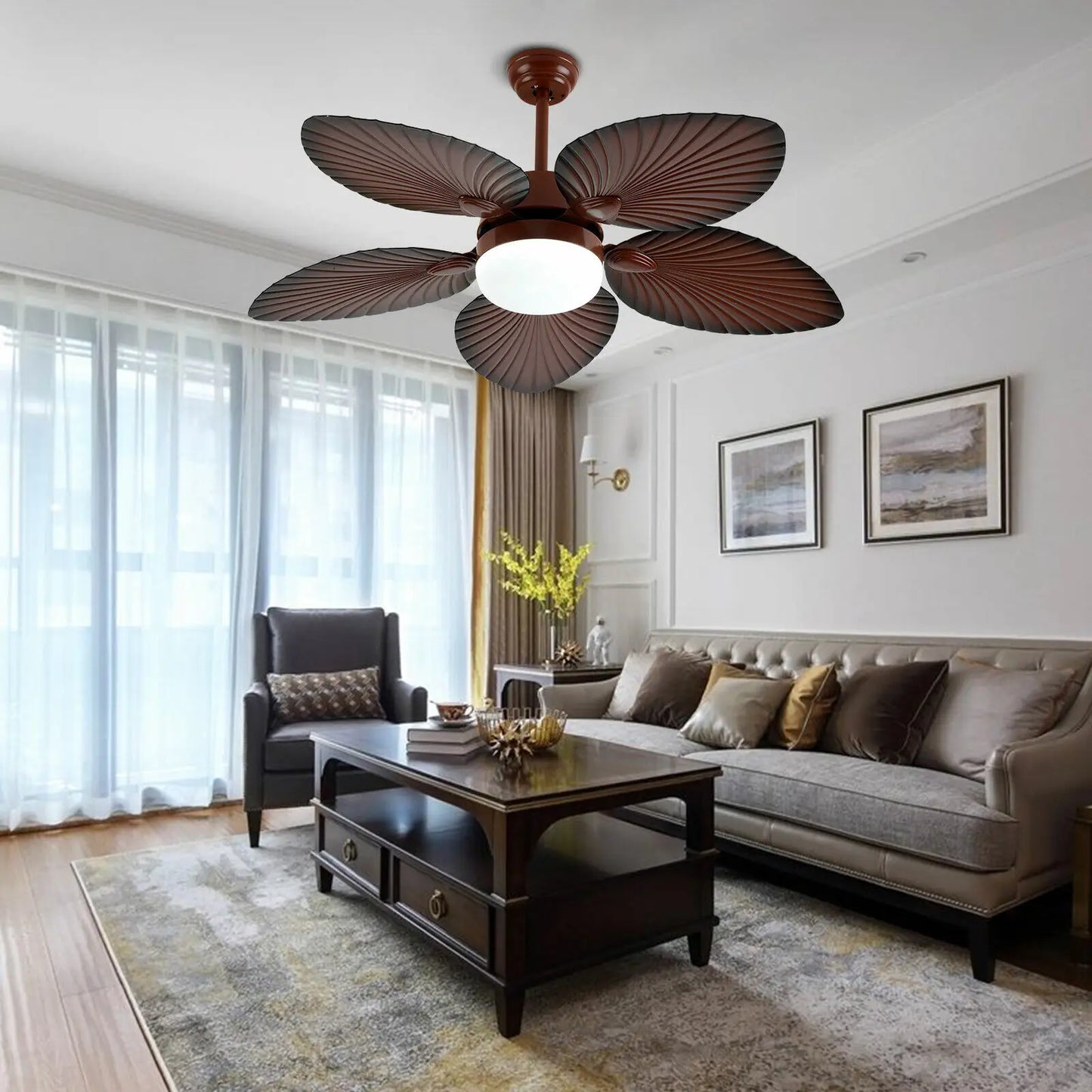 52 Inch Tropical Ceiling Fan Light Palm Blades With Remote