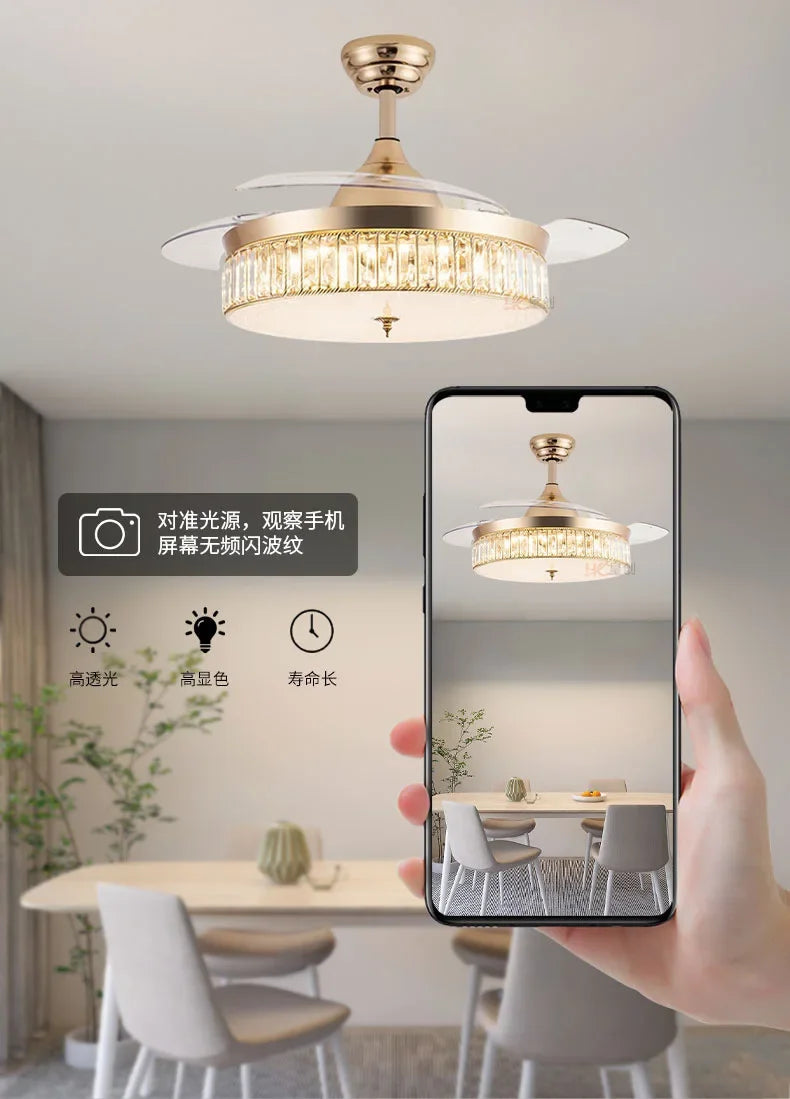 Retractable Ceiling Fan Light With Remote Crystal LED Chandelier