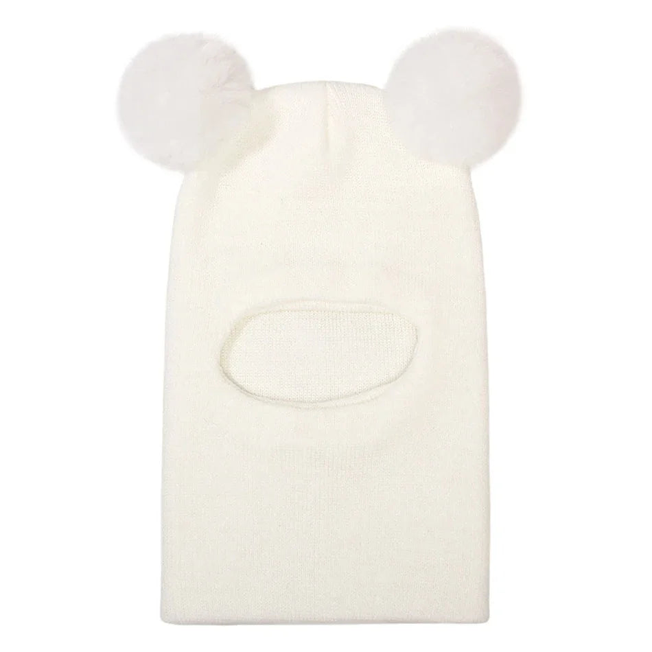 Kids Double Ball Ear Protection Knit Balaclava Hat