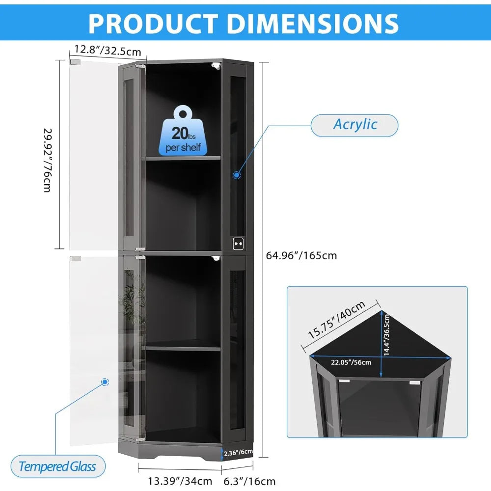 65 Inch Corner Glass Display Cabinet With LED Lights 4 Tier