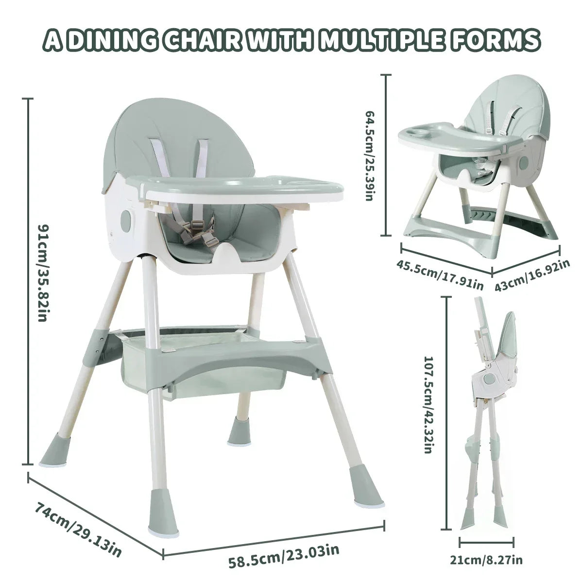 Foldable Baby High Chair With Adjustable Backrest Lightweight Dual Height