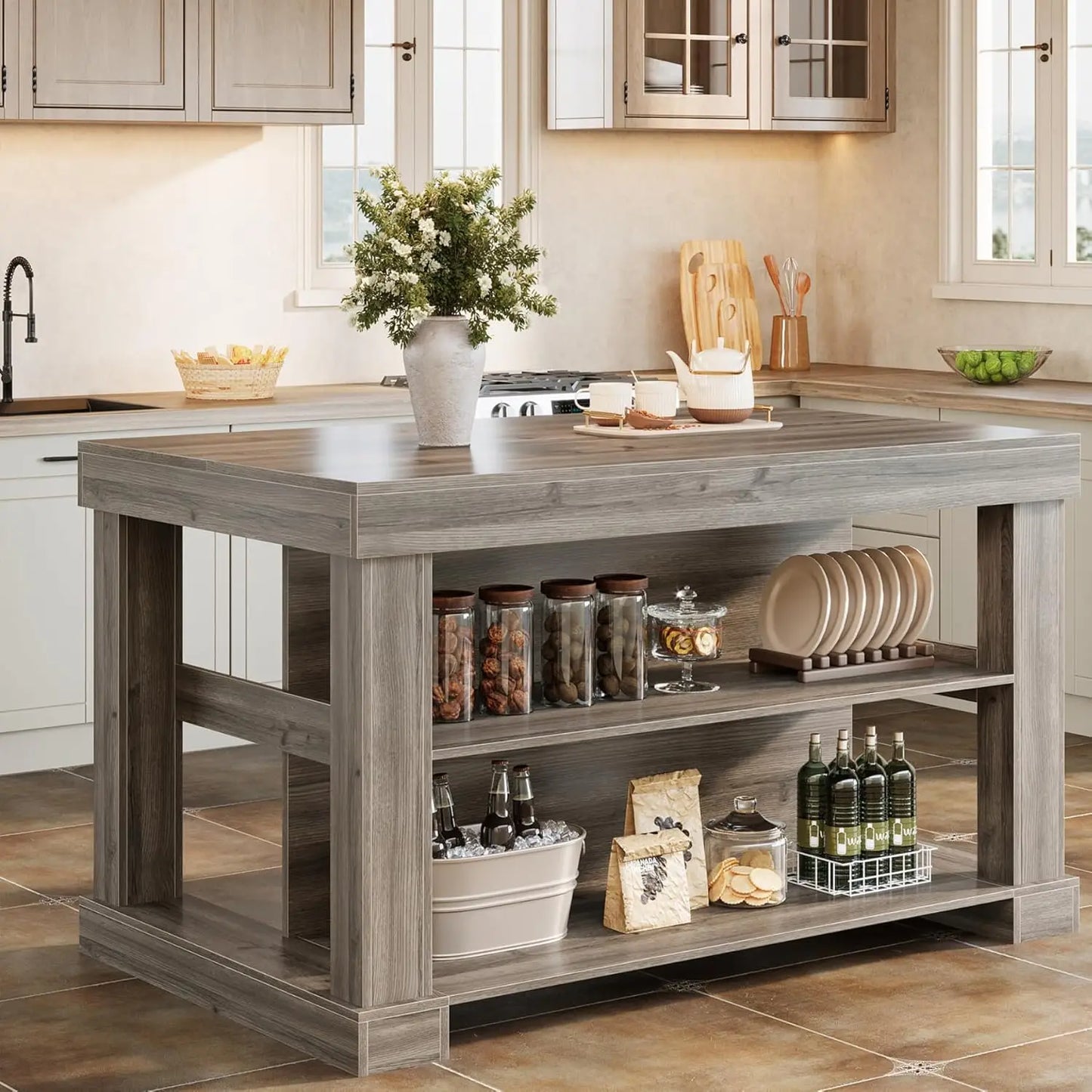 55 Inch Farmhouse Kitchen Island With Storage And Seating