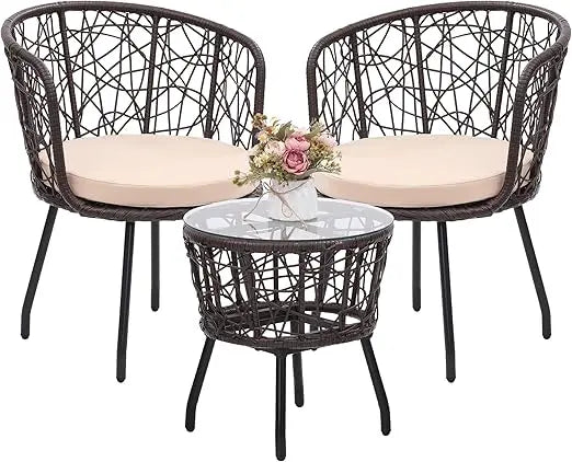 Boho 3 Piece Wicker Bistro Set with Washable Cushions