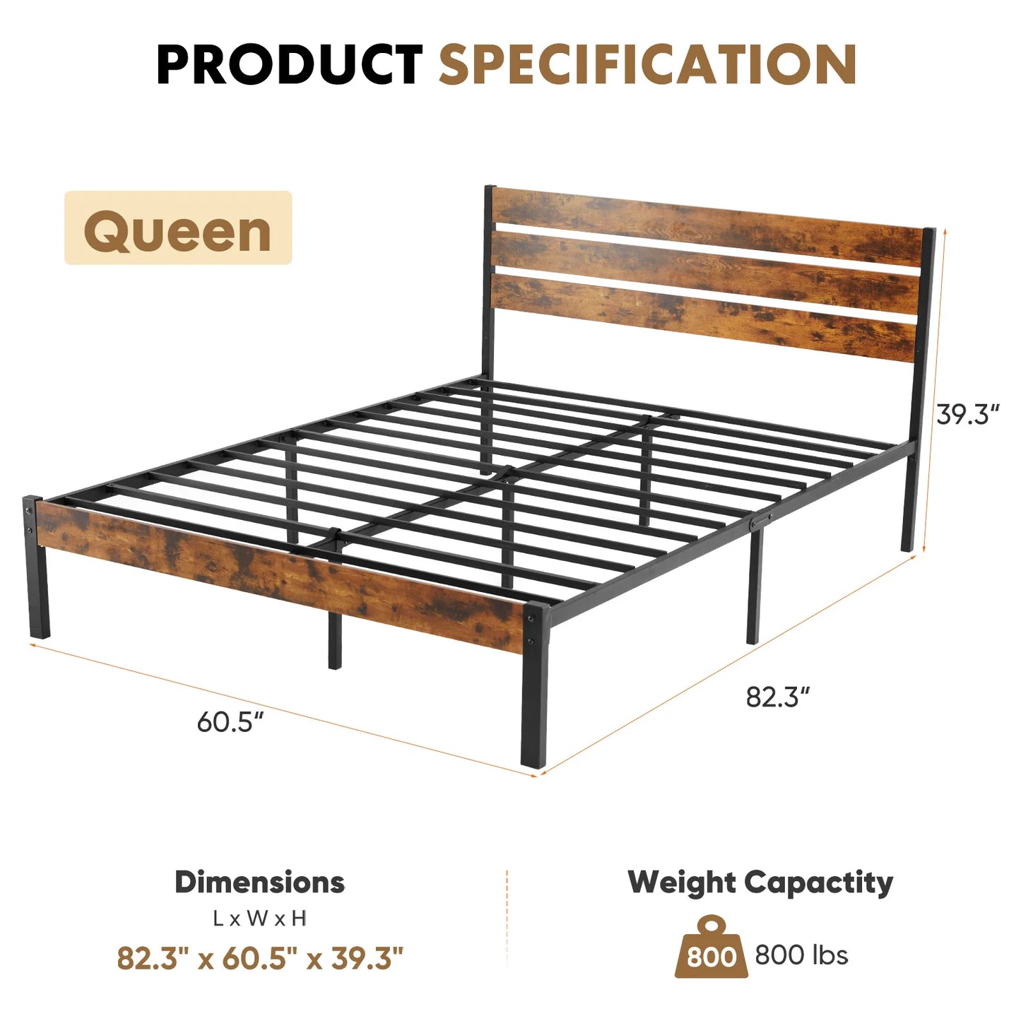 JHK Queen Size Metal Platform Bed Frame With Sturdy Slats