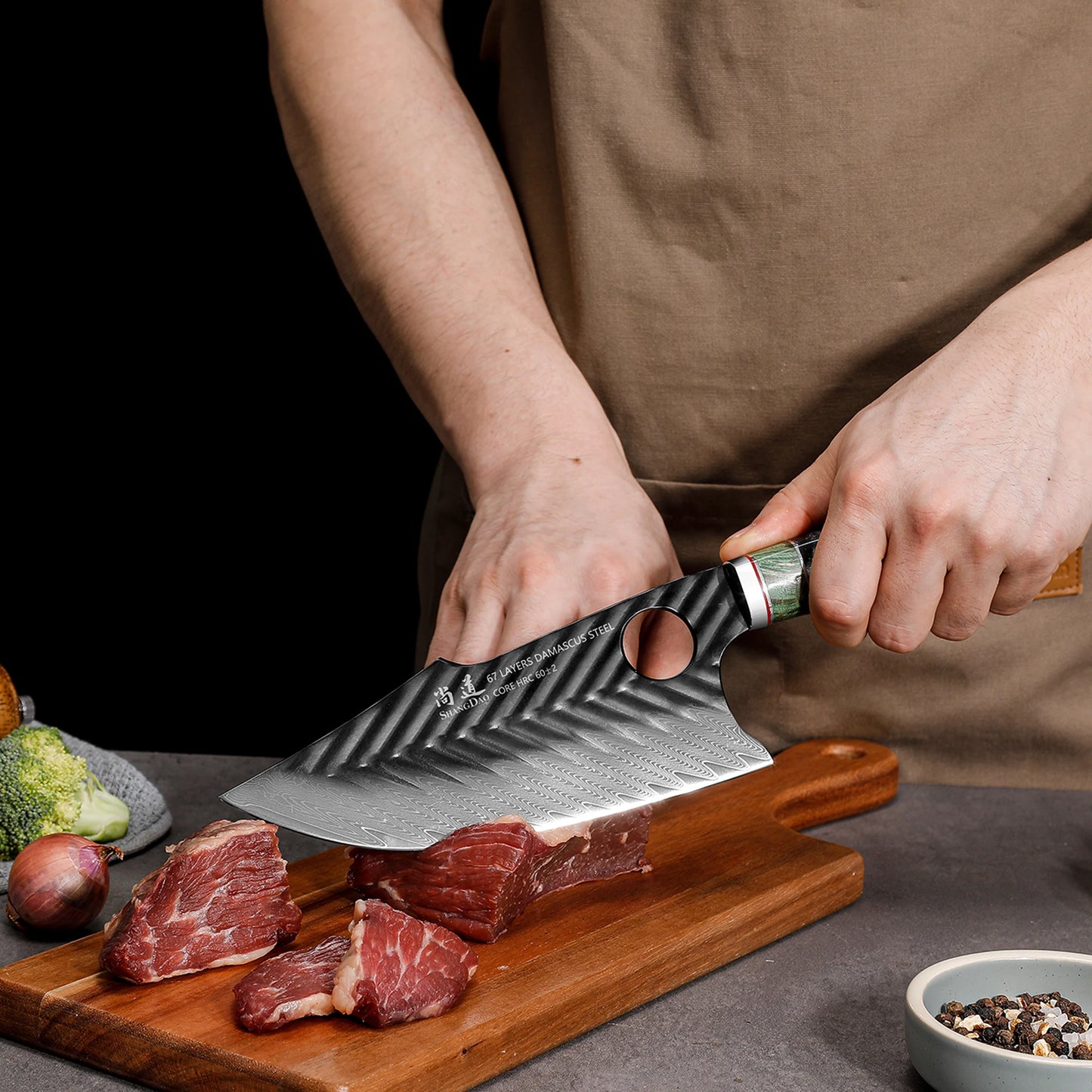 Shangdao Damascus Butcher Knife Viking Cleaver Resin Wood Handle