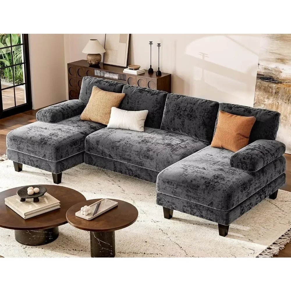 Grey U Shaped Sectional Sofa 111 Inch Modular Double Chaise