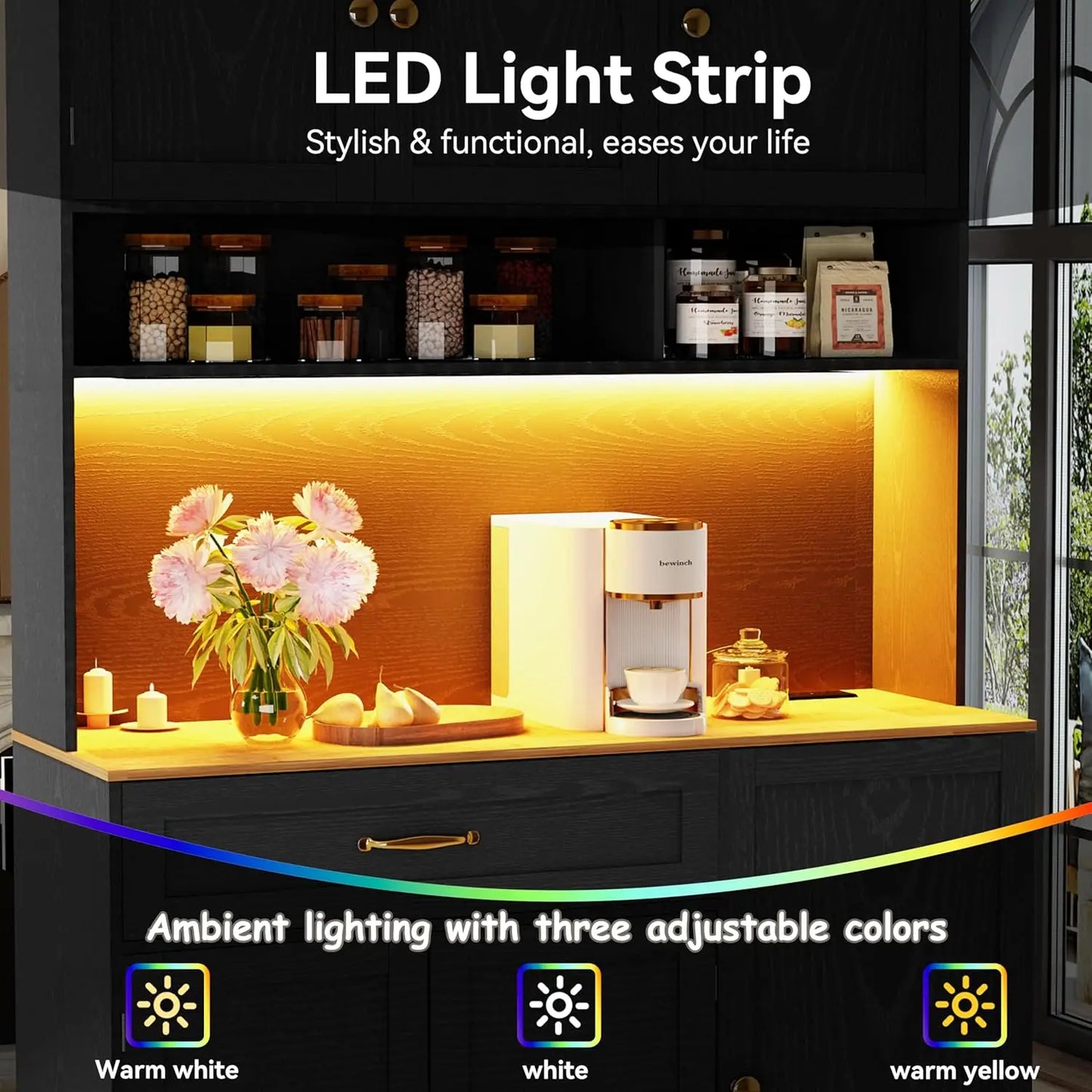 GUANGBAI Kitchen Pantry Cabinet With LED Lighting And Charging