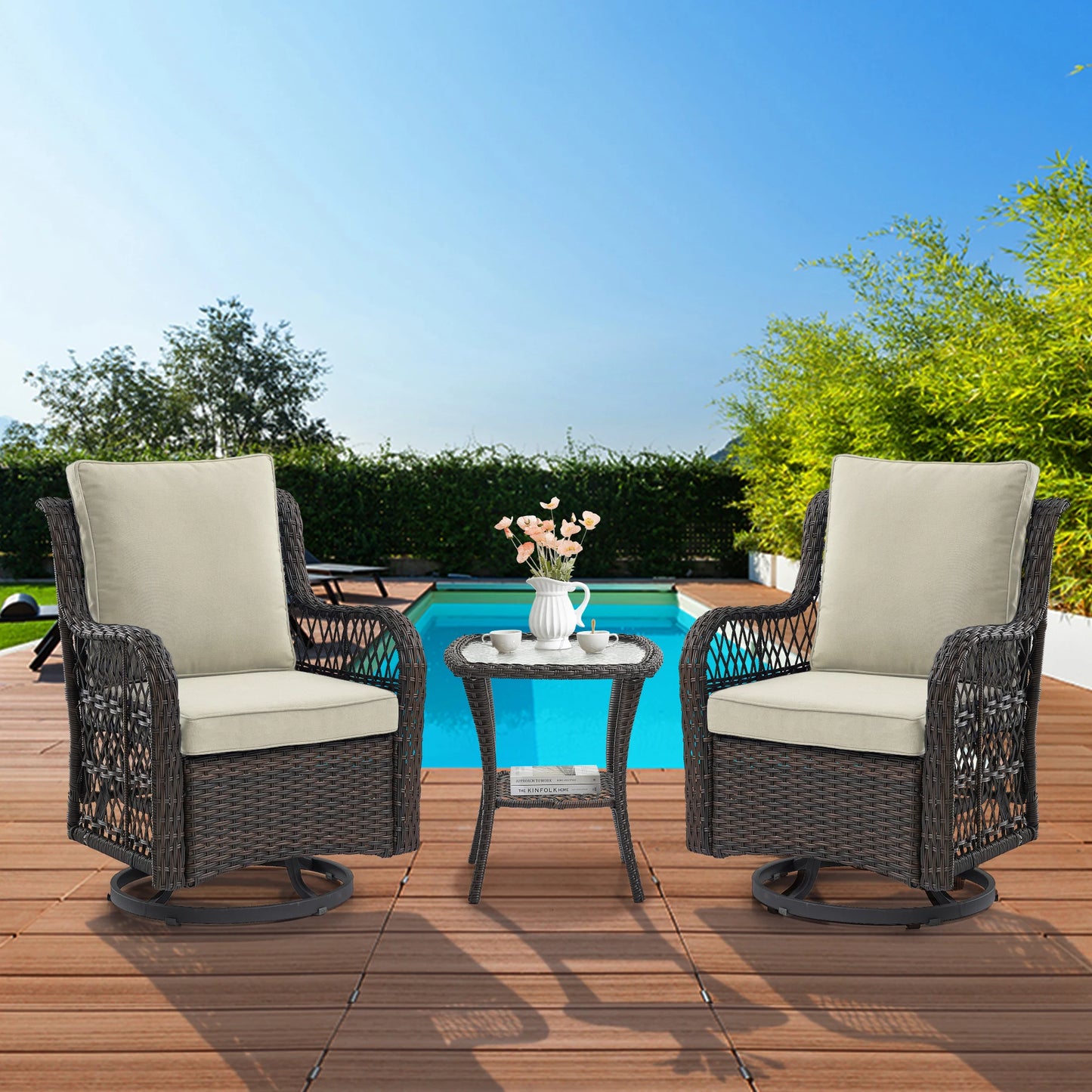 HobbyLane 3 Piece Outdoor Wicker Swivel Chair Set With Table