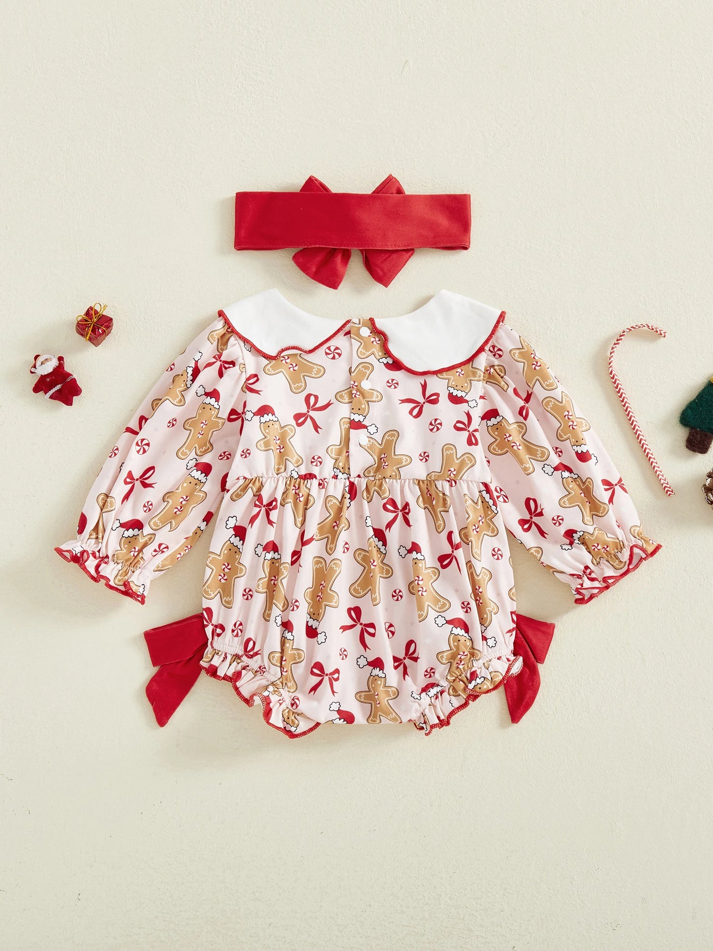 CN Guangdong Baby Girl Christmas Gingerbread Romper Headband Set
