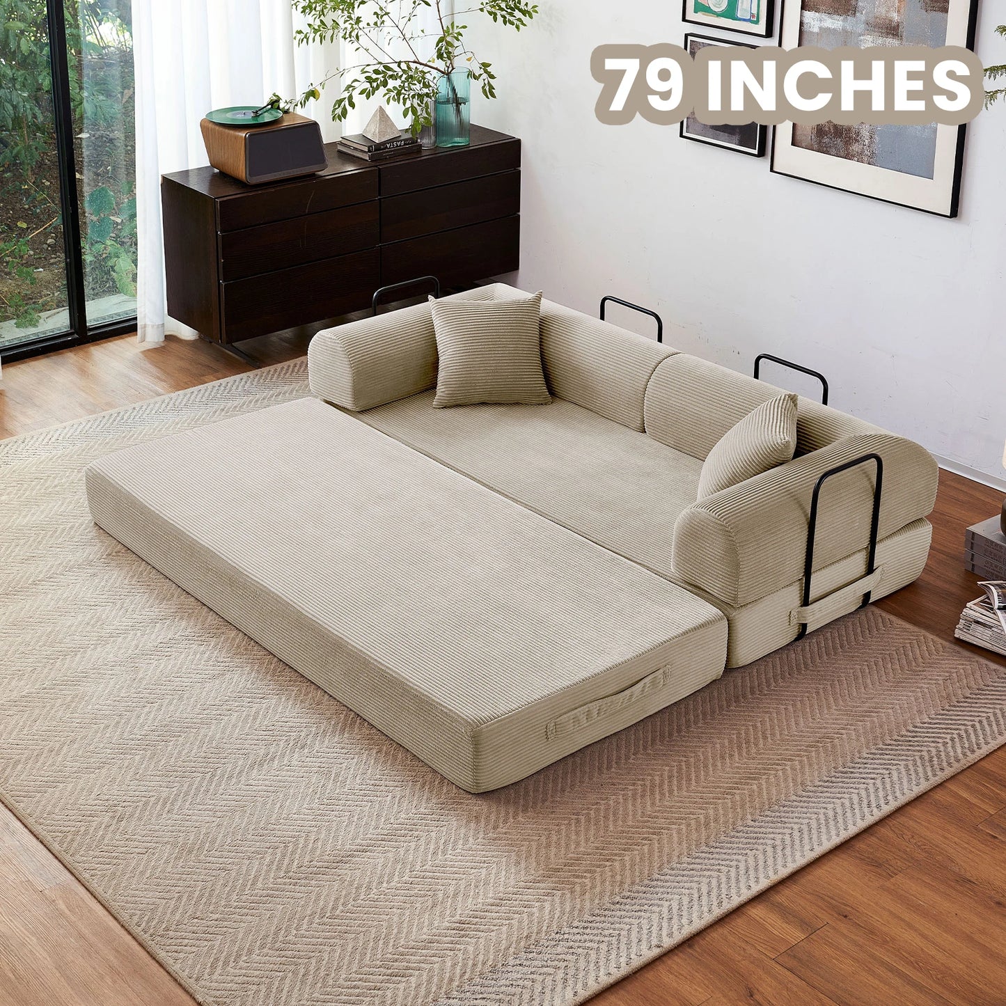 Foldable Convertible Futon Sofa Bed With L Shape Armrests